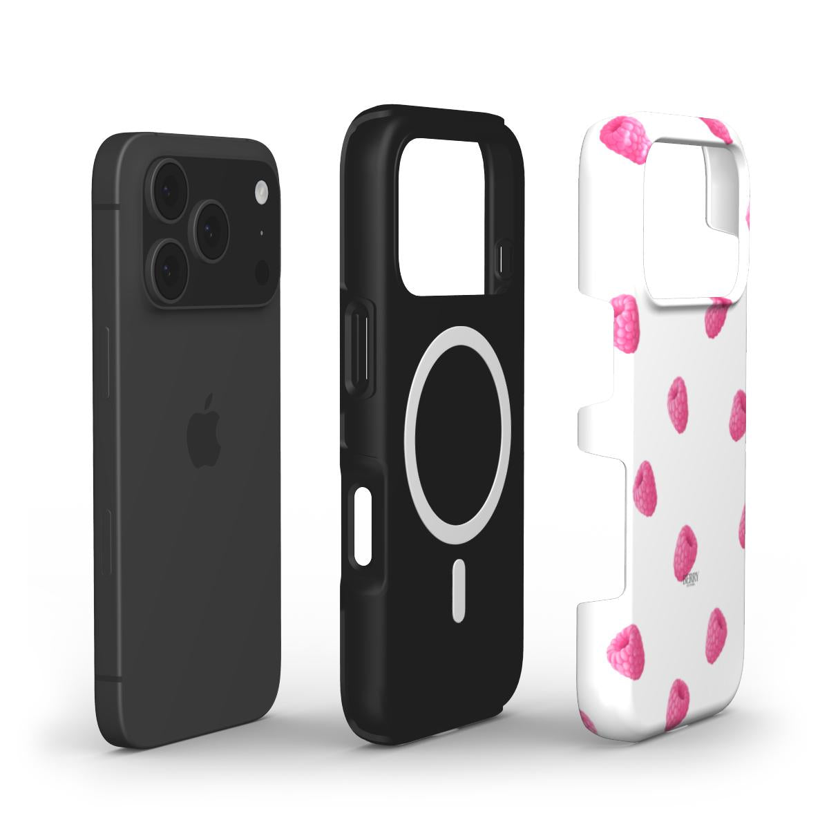 Trendy feminine phone case with white base and pink raspberry pattern, designed for a stylish girl who loves popular and beautiful accessories.