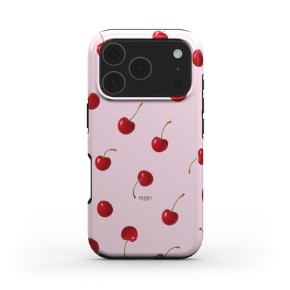 Trendy feminine phone case with a pink background and vibrant red cherry pattern, perfect for a girly and beautiful aesthetic.