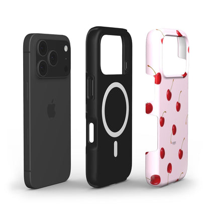 Trendy pink phone case with red cherry pattern, designed for a playful and feminine look, perfect for a stylish and aesthetic vibe.