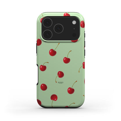 Trendy feminine phone case in green with a stylish red cherry pattern, perfect for a beautiful and girly aesthetic that is popular and playful.