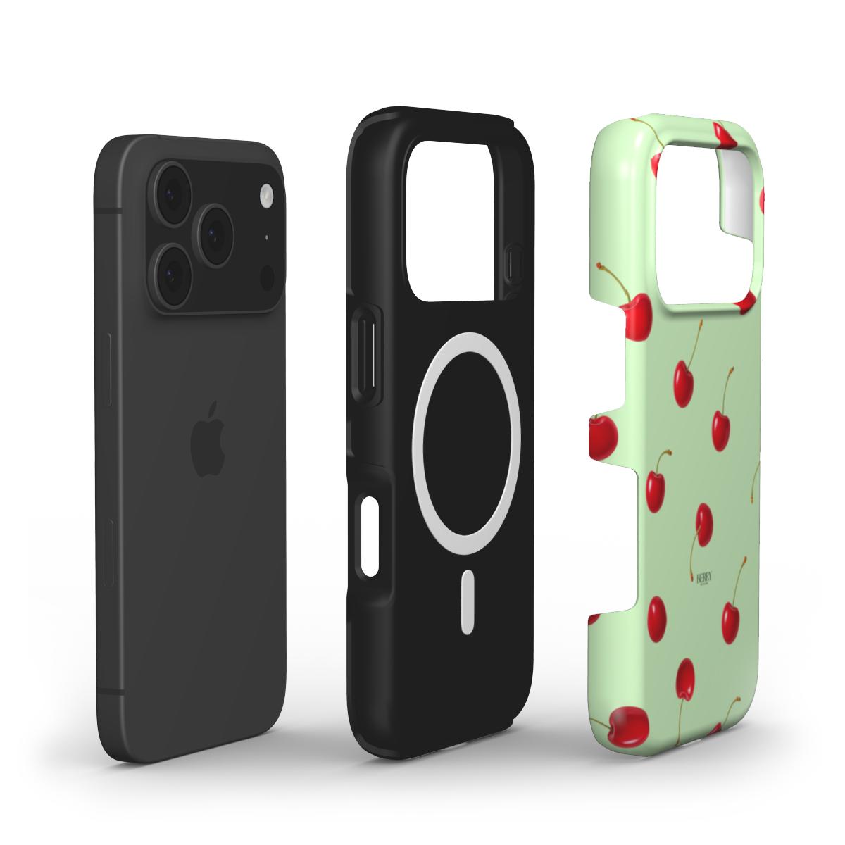 Trendy feminine phone cases featuring a multicolored cherry pattern with red and green hues, designed for a stylish and popular look.