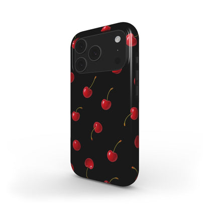 Trendy phone case with a feminine cherry pattern in red and black, combining a beautiful and playful aesthetic perfect for that girl look.