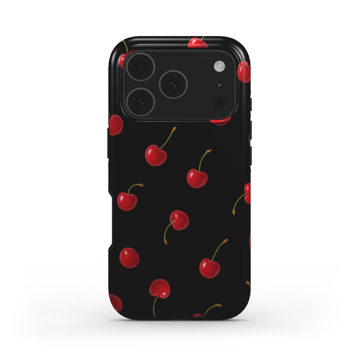 Trendy phone case with a girly cherry pattern in red and black, combining a feminine and popular aesthetic perfect for that stylish, beautiful vibe.