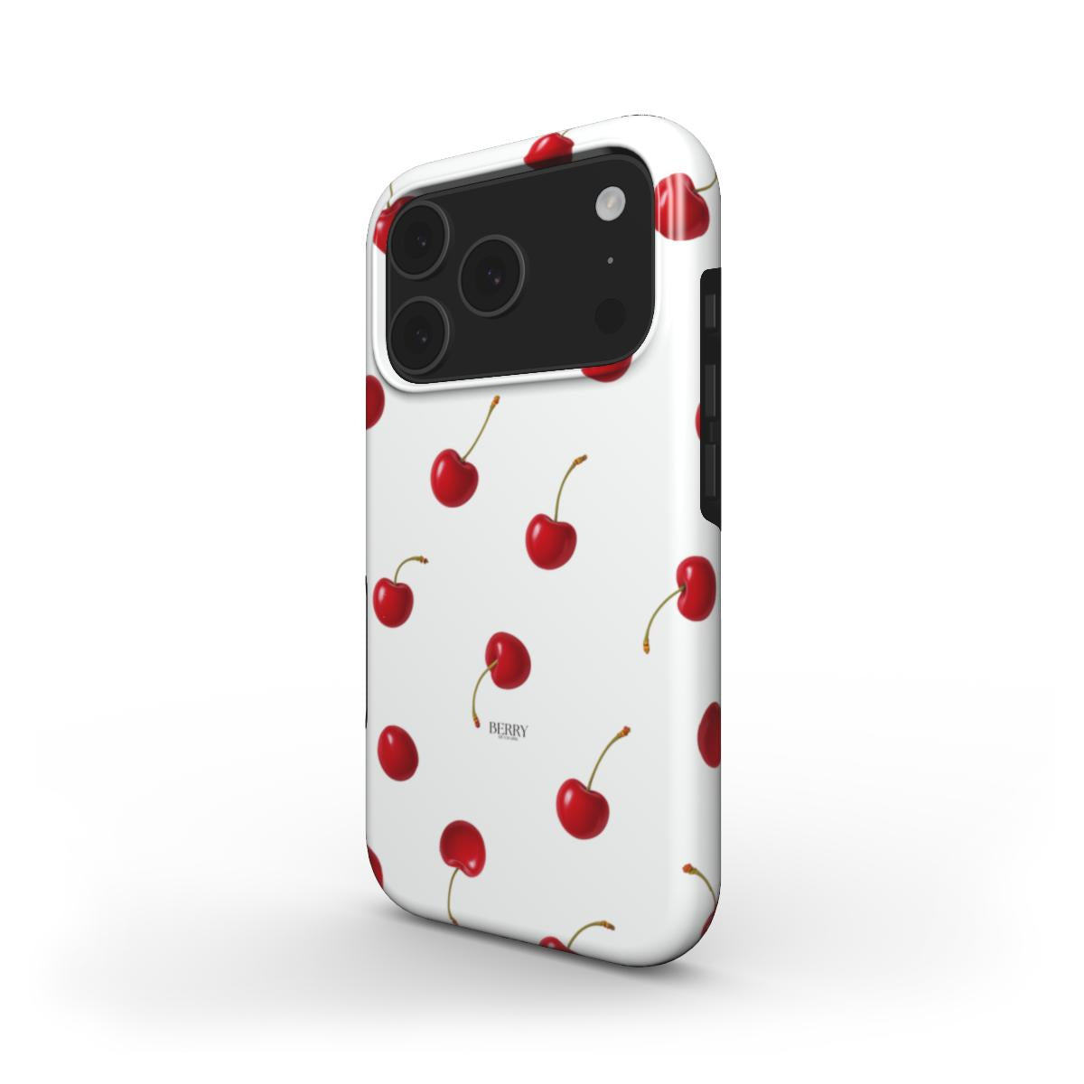 Trendy phone case with a feminine, girly cherry pattern in red and white, perfect for a beautiful and popular aesthetic style.