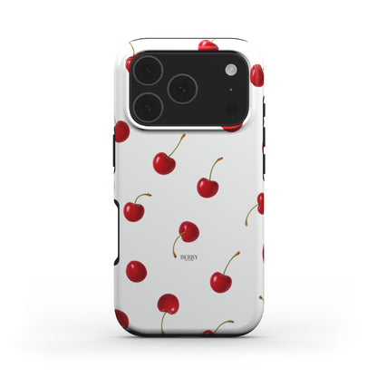 Trendy phone case featuring a feminine red and white multicolored cherry pattern with a beautiful and playful aesthetic design.