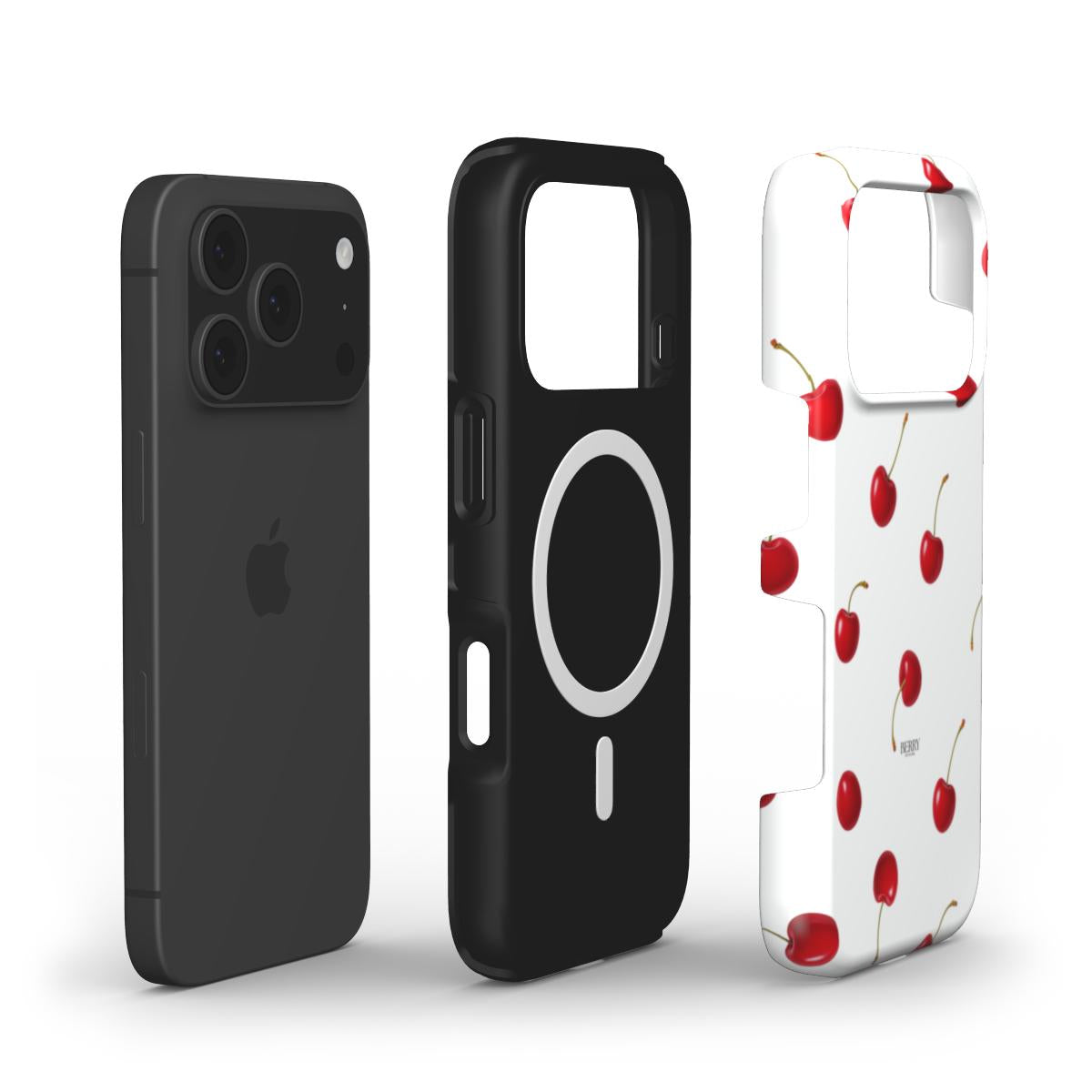 Trendy phone case with a charming red and white cherry pattern, combining a feminine and beautiful look with practical protection for modern devices.