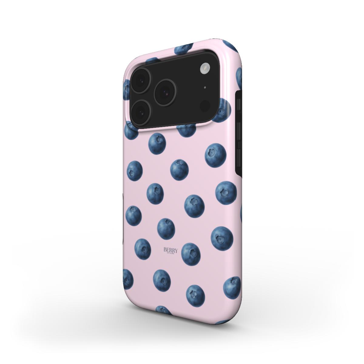 Trendy phone case with a pink background and blue blueberry pattern, featuring a feminine and aesthetic girly design perfect for that girl style.