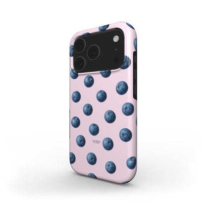 Trendy phone case with a pink background and blue blueberry pattern, featuring a feminine and aesthetic girly design perfect for that girl style.