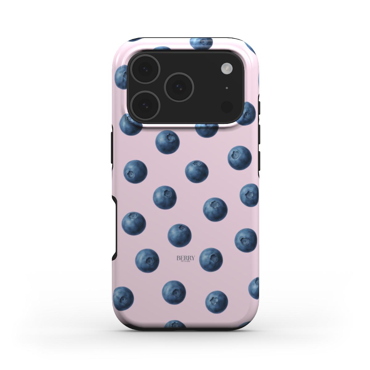 Trendy feminine phone case with a pink background and scattered blue blueberries, stylish and playful for that aesthetic, girly vibe.