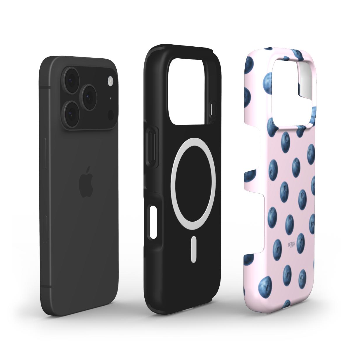 Trendy phone case with a feminine blueberry pattern in pink, blue, and multicolor, perfect for that girly and aesthetic stylish look.