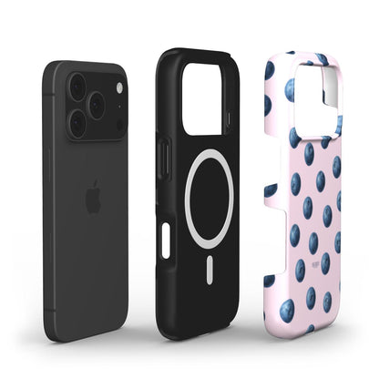 Trendy phone case with a feminine blueberry pattern in pink, blue, and multicolor, perfect for that girly and aesthetic stylish look.