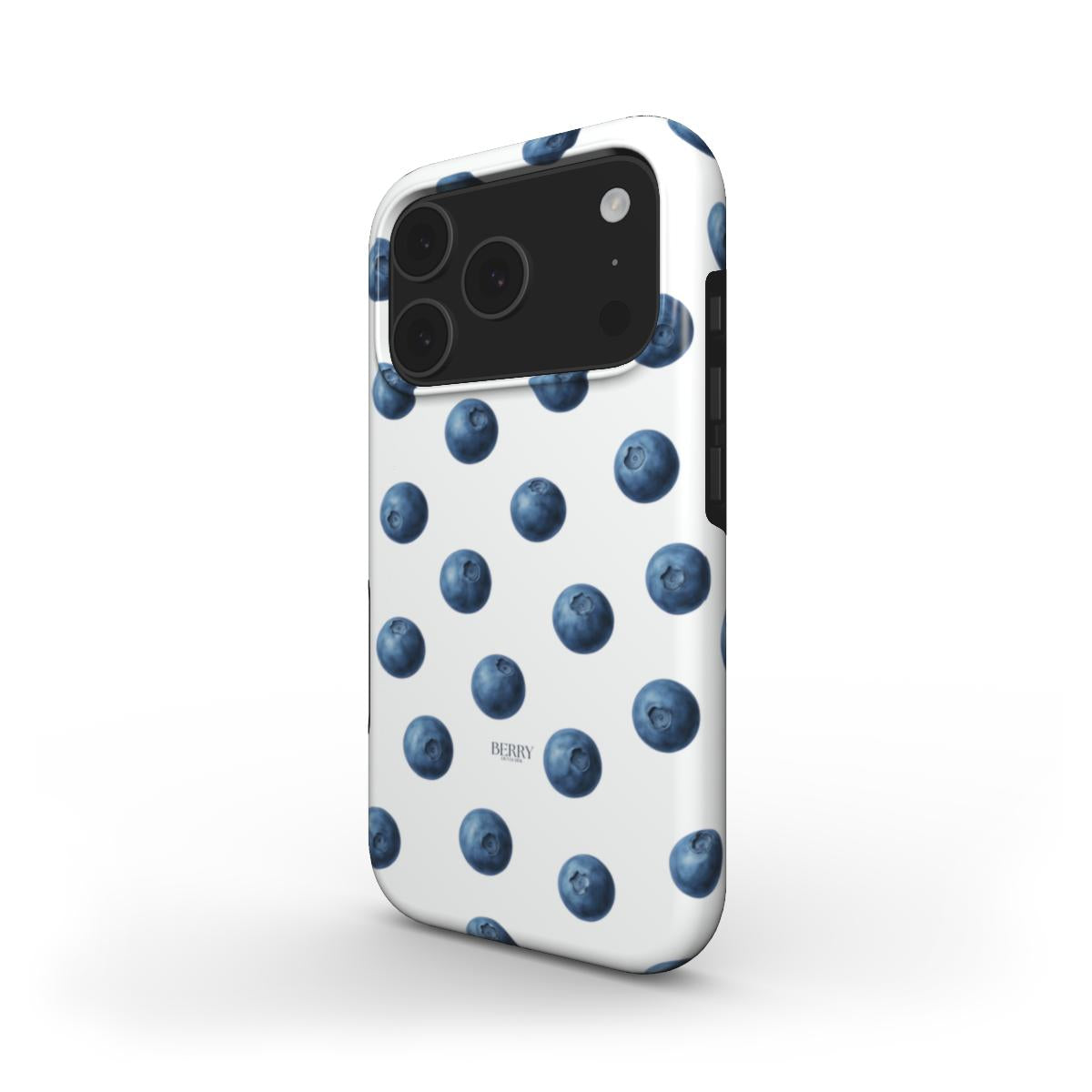 Trendy phone case with a white background and blue blueberry pattern, offering a feminine and popular aesthetic for a beautiful clean look.
