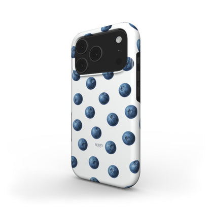 Trendy phone case with a white background and blue blueberry pattern, offering a feminine and popular aesthetic for a beautiful clean look.