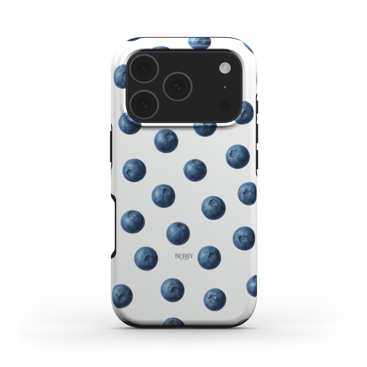 White phone case with a trendy blue blueberry pattern, featuring a feminine and popular aesthetic that evokes a fresh and playful vibe.