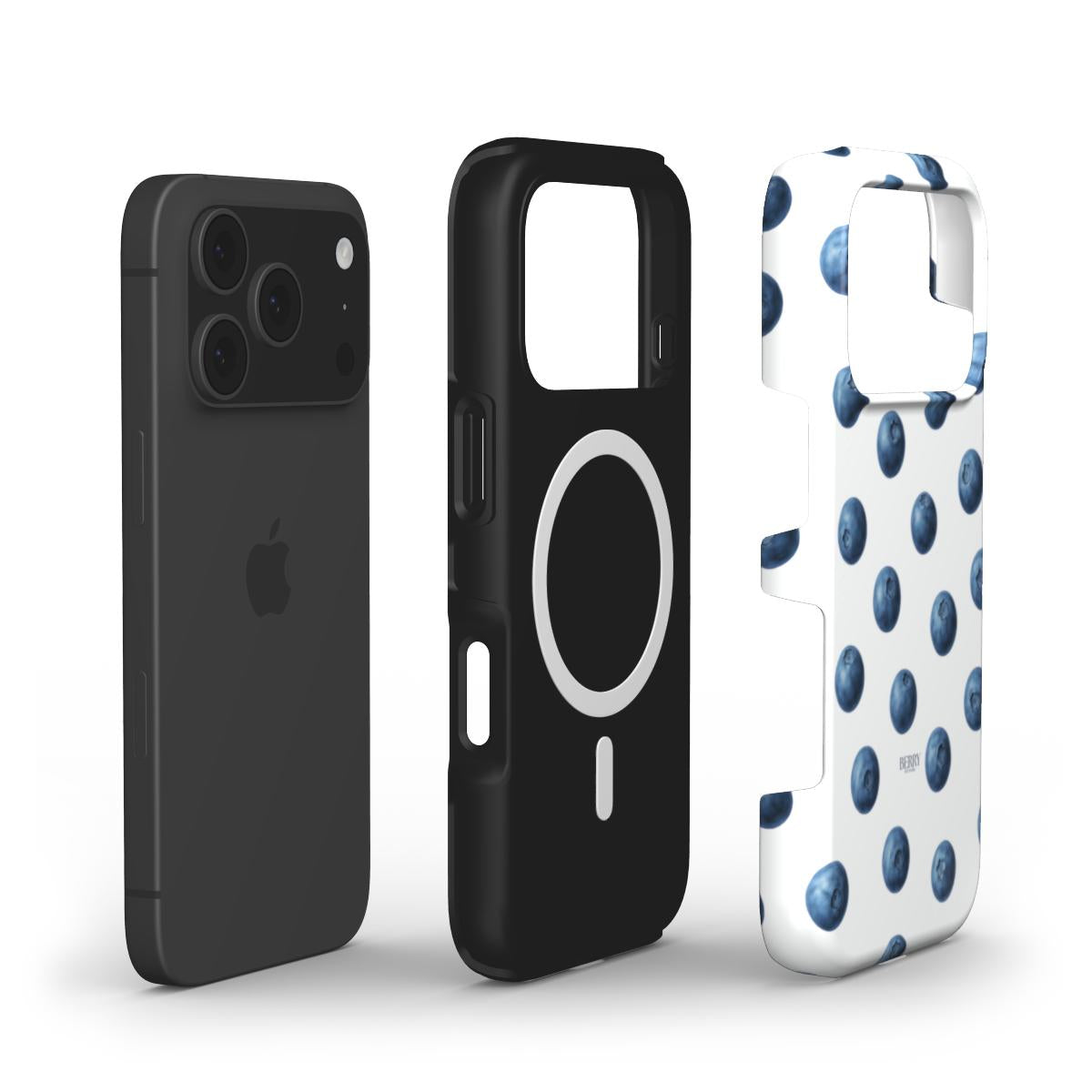 Trendy white phone case with blue blueberry pattern, designed for a clean and feminine aesthetic with a popular, girly vibe.