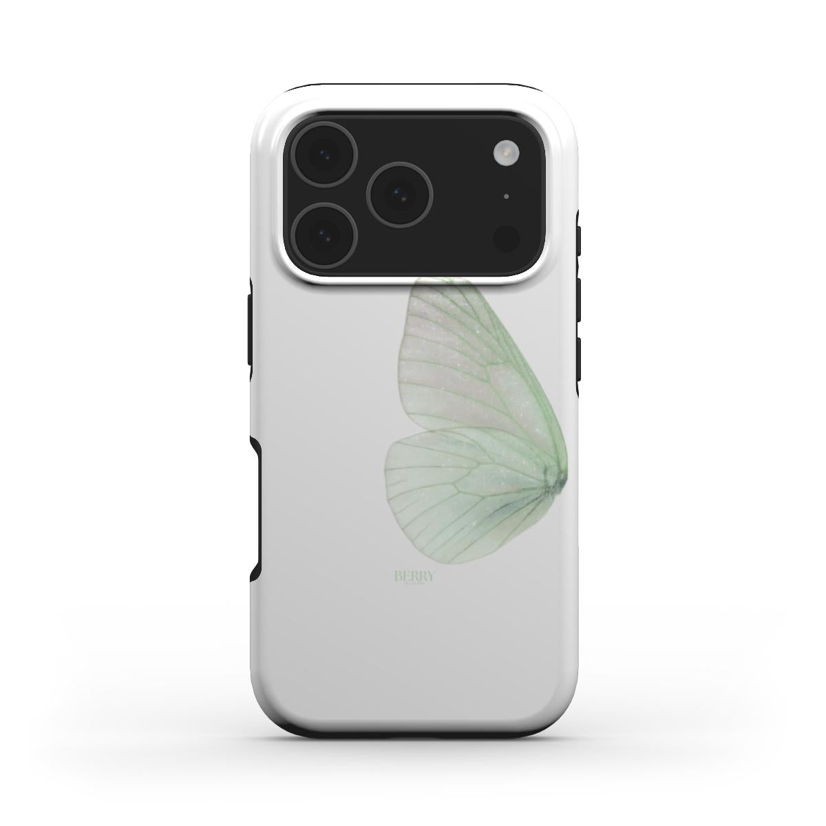 Trendy feminine phone case in green, white, and multicolor featuring a delicate butterfly wing design for a beautiful, girly aesthetic.