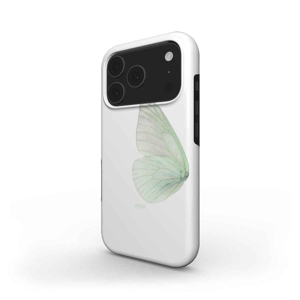 Trendy phone case in white with delicate green butterfly wing design, combining feminine and aesthetic appeal for a popular stylish look.