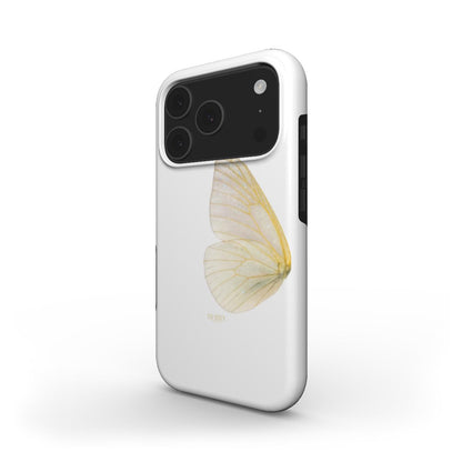 Minimalist phone case with a delicate yellow and gold butterfly wing design on a white background, offering a trendy and feminine aesthetic.