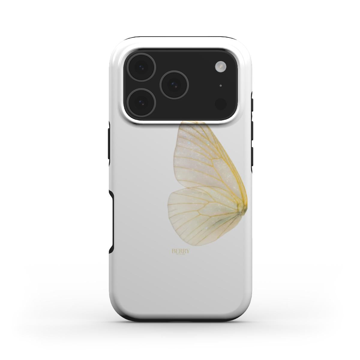 Trendy phone case featuring a delicate yellow and gold butterfly wing design on a white background, perfect for a feminine and stylish look.