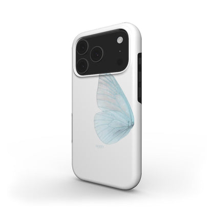Trendy feminine phone case in blue, white, and multicolor featuring a delicate butterfly wing design for a beautiful, girly aesthetic.