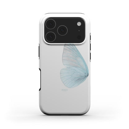 Trendy feminine phone case with a delicate blue and white butterfly wing design, combining aesthetic charm with a girly, popular look.