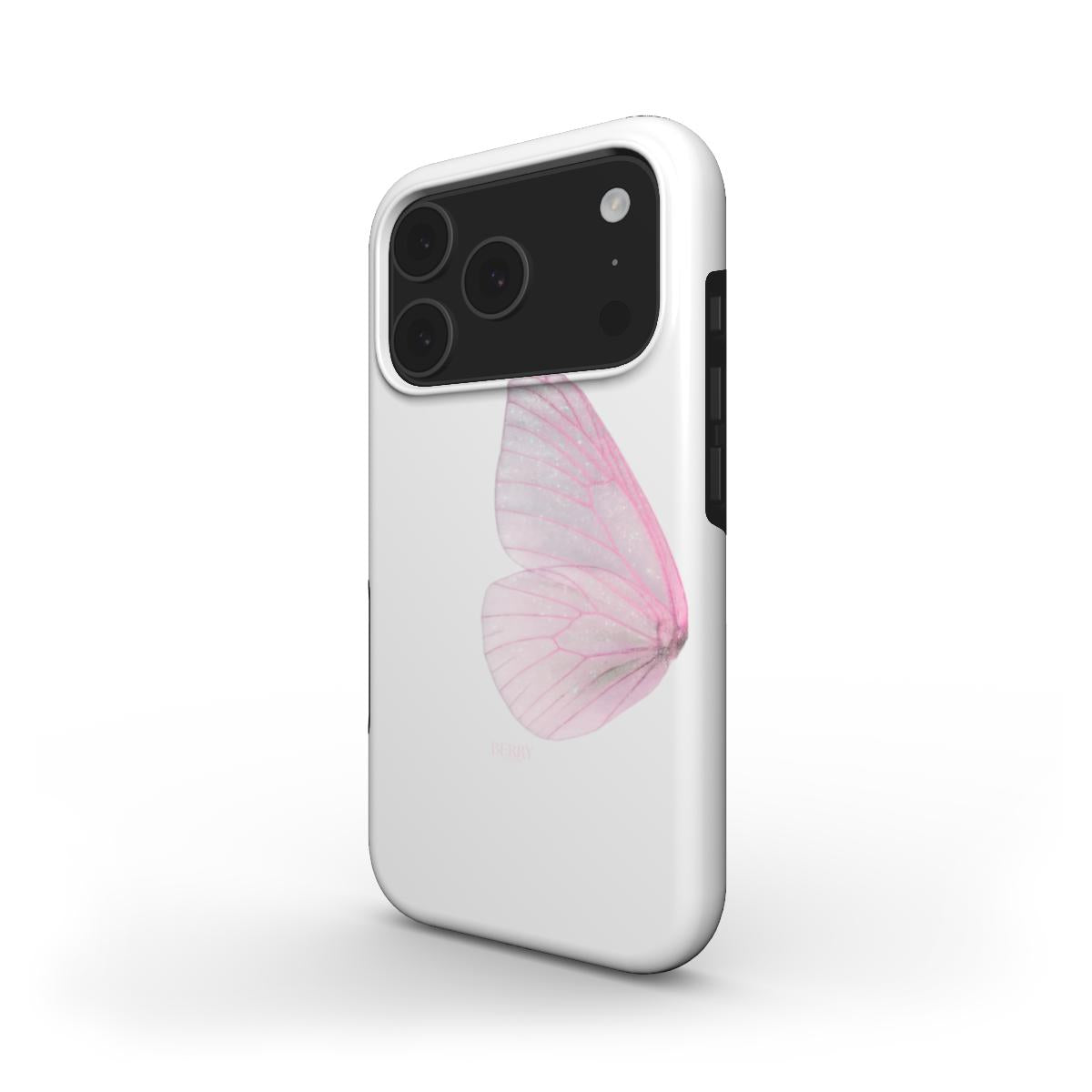 White phone case with a delicate pink and multicolored butterfly wing design, featuring a trendy and feminine aesthetic perfect for that girly style.