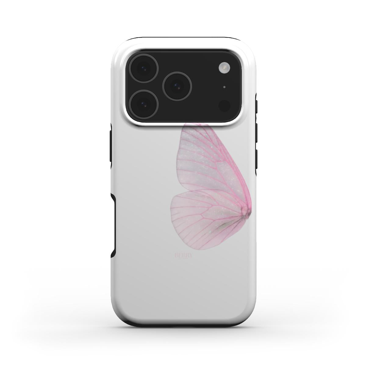 Trendy phone case with a delicate pink butterfly wing design on a white and multicolored background, perfect for a feminine and beautiful look.