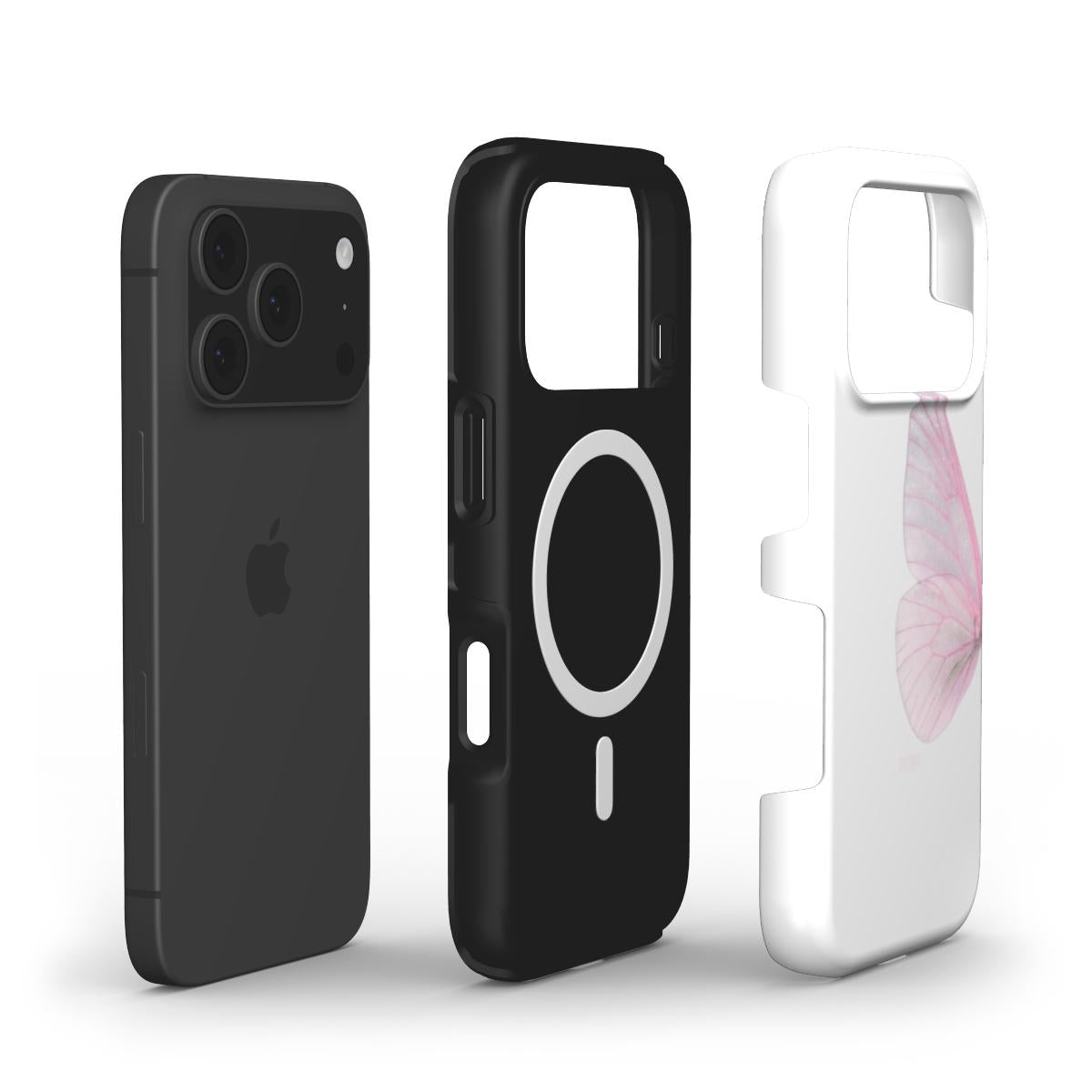 Black MagSafe compatible phone case with white ring next to a white phone case featuring a subtle pink butterfly wing design with a trendy feminine vibe
