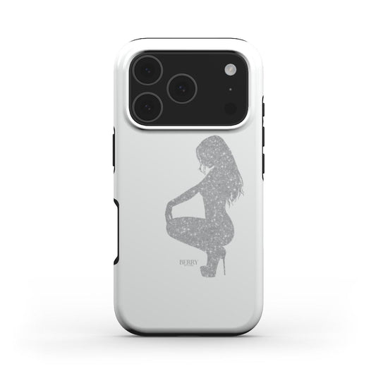 Trendy phone case in white with a glittery silver silhouette of a fashionable feminine figure, combining aesthetic and popular style elements.