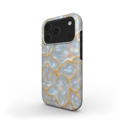 Trendy phone case with a feminine gray, silver, gold, and multicolored pattern featuring a beautiful, magical golden aesthetic.