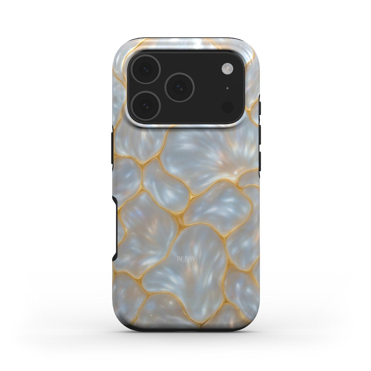 Trendy phone case with a beautiful silver and gold multicolored pattern, featuring a stylish and feminine design for an elegant, magical look.