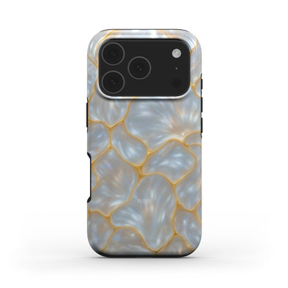 Trendy phone case with a beautiful silver and gold multicolored pattern, featuring a stylish and feminine design for an elegant, magical look.