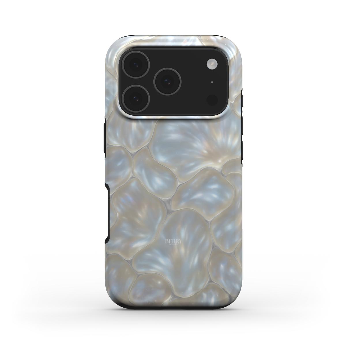 Trendy phone case with a feminine, multicolored silver and gray pattern featuring a sleek, beautiful pearlescent design perfect for that girl aesthetic.