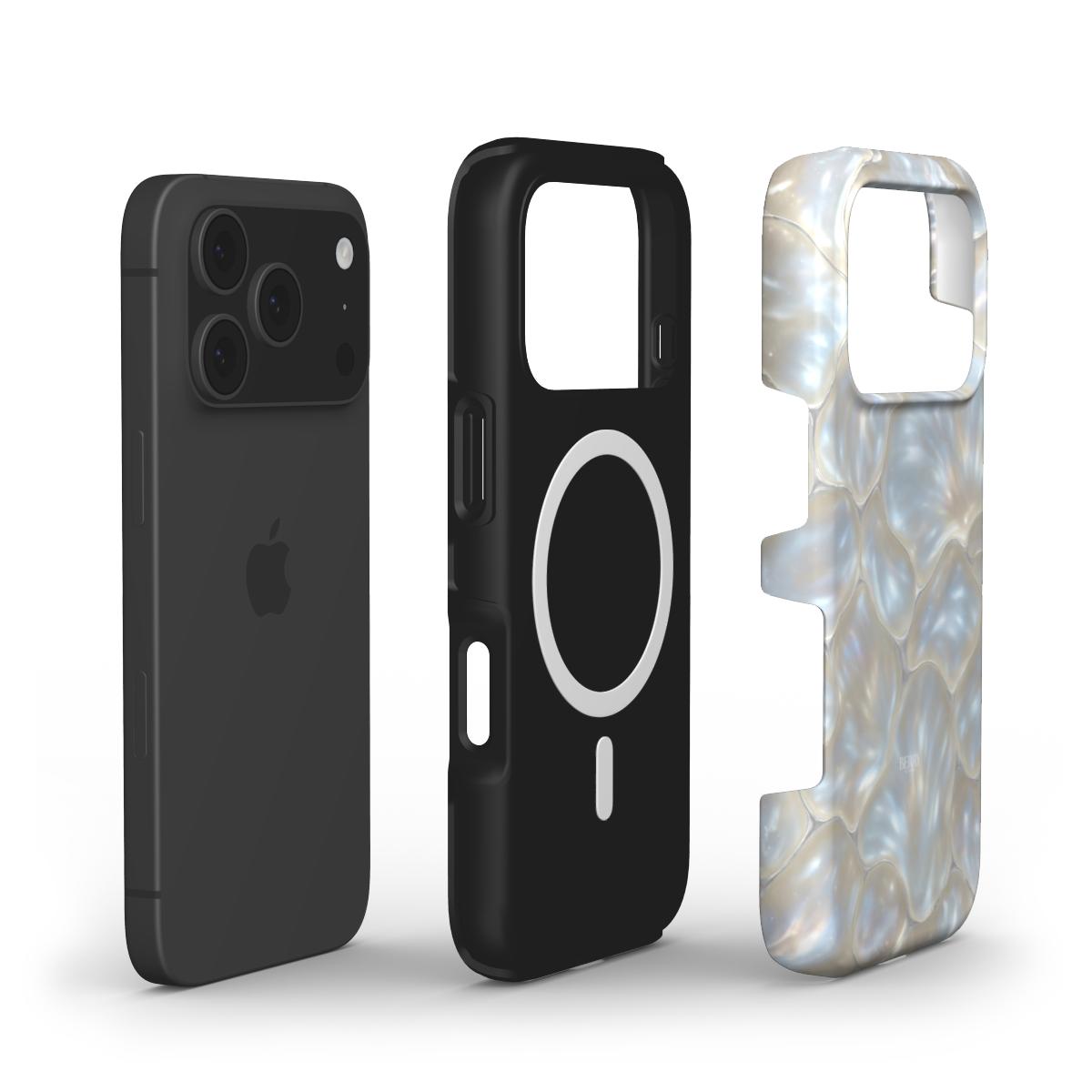 Trendy feminine phone case featuring a pearlescent silver multicolored pattern with gray and white accents, designed for a stylish and beautiful look.