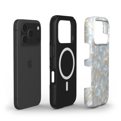 Trendy feminine phone case featuring a pearlescent silver multicolored pattern with gray and white accents, designed for a stylish and beautiful look.