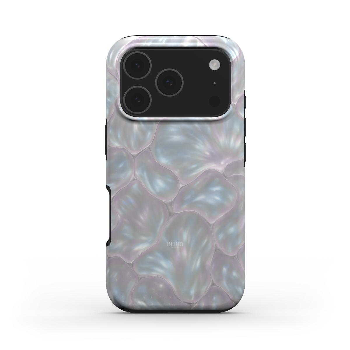 Trendy phone case with elegant white, pink, silver, and multicolored pearlescent pattern, perfect for a feminine and aesthetic stylish look.