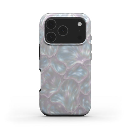 Trendy phone case with elegant white, pink, silver, and multicolored pearlescent pattern, perfect for a feminine and aesthetic stylish look.