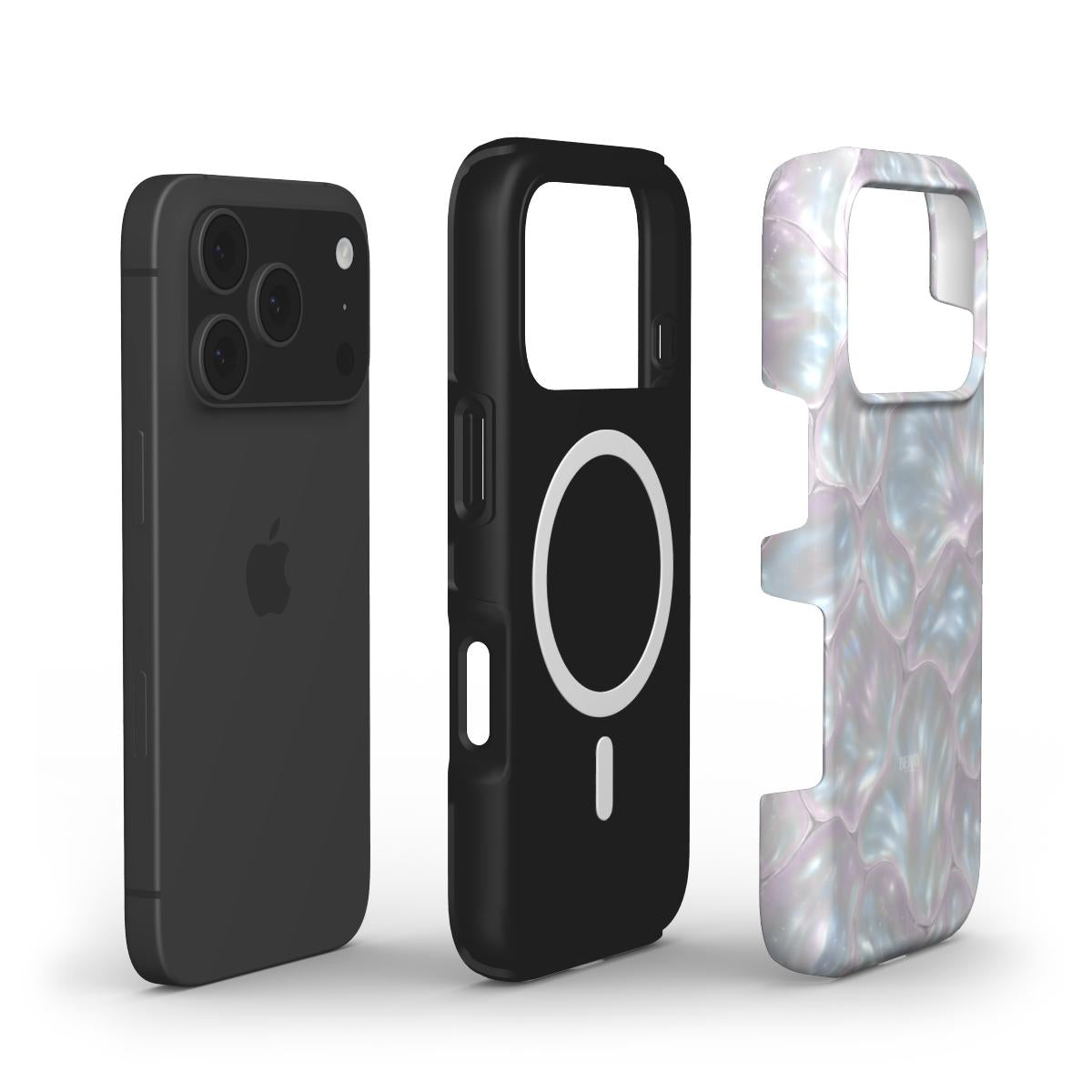 Black phone case with silver circle and a pearlescent white, pink, and silver multicolored protective cover in a trendy feminine design for phone accessories.