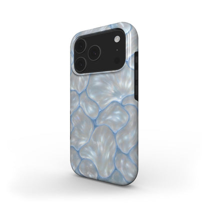 Trendy feminine phone case with a glossy, pearl-like pattern in soft blue and white tones, embodying a beautiful, aesthetic, and popular girly style.
