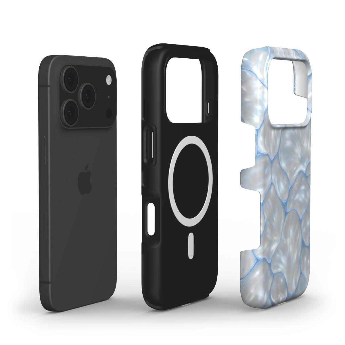 Black phone case with MagSafe compatibility and a trendy pearlescent blue protective cover, combining functional design with a feminine and aesthetic style.