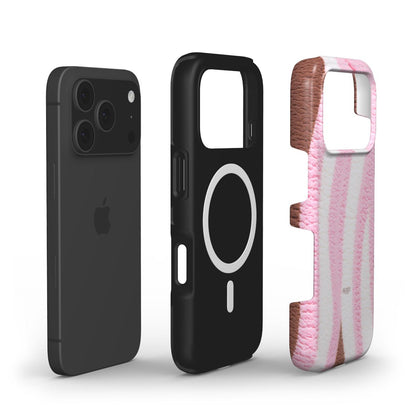 Trendy phone case with a feminine pink, white, and brown multicolor pattern showcasing an aesthetic, girly style for a popular and beautiful look.