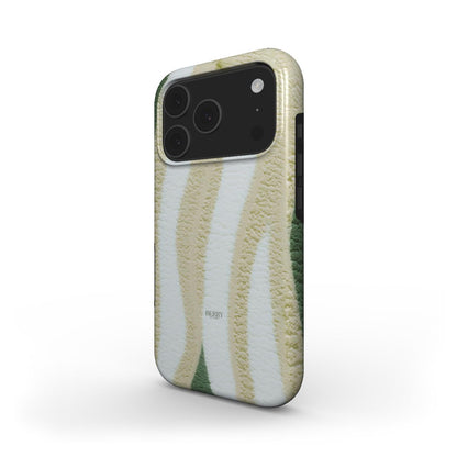 Trendy phone case with a soft green, white, and multicolored pattern offering a feminine and aesthetic look that suits a stylish, girly vibe.