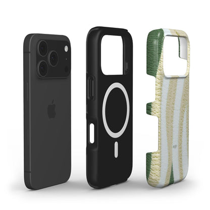 Black MagSafe-compatible phone case and a textured green, white, multicolored protective cover for an iPhone with a trendy feminine aesthetic.