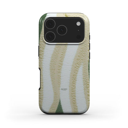 Trendy feminine phone case featuring a textured abstract pattern in green, white, and multicolor tones, perfect for a stylish, popular look.
