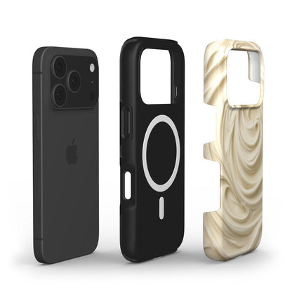 Trendy beige swirled phone case with a creamy vanilla pattern, designed for a feminine and aesthetic look, displayed alongside a sleek black phone.