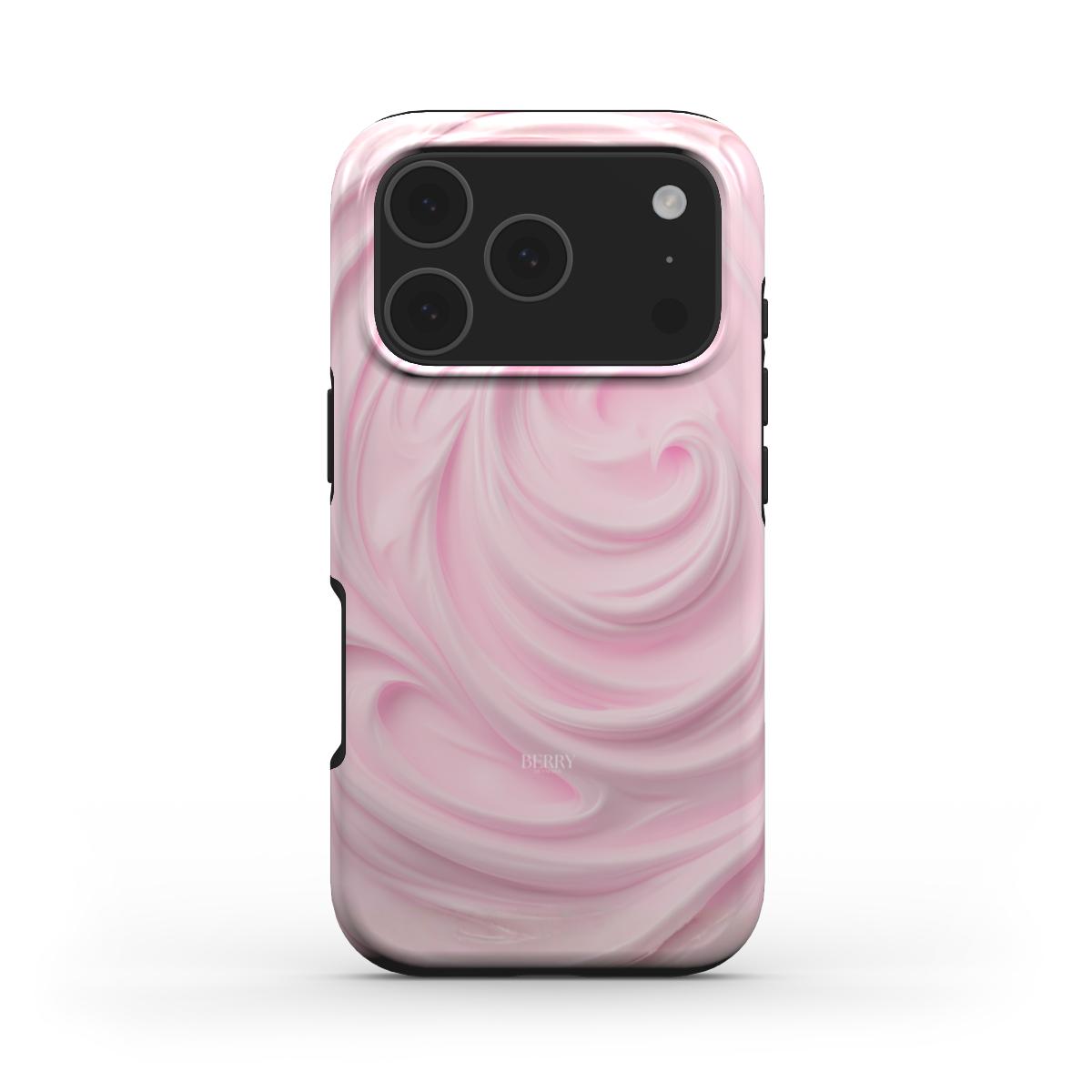 Trendy pink and flerfarvet phone case with creamy swirl pattern, offering a feminine and aesthetic look for a stylish, girly vibe.