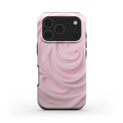 Trendy pink and flerfarvet phone case with creamy swirl pattern, offering a feminine and aesthetic look for a stylish, girly vibe.