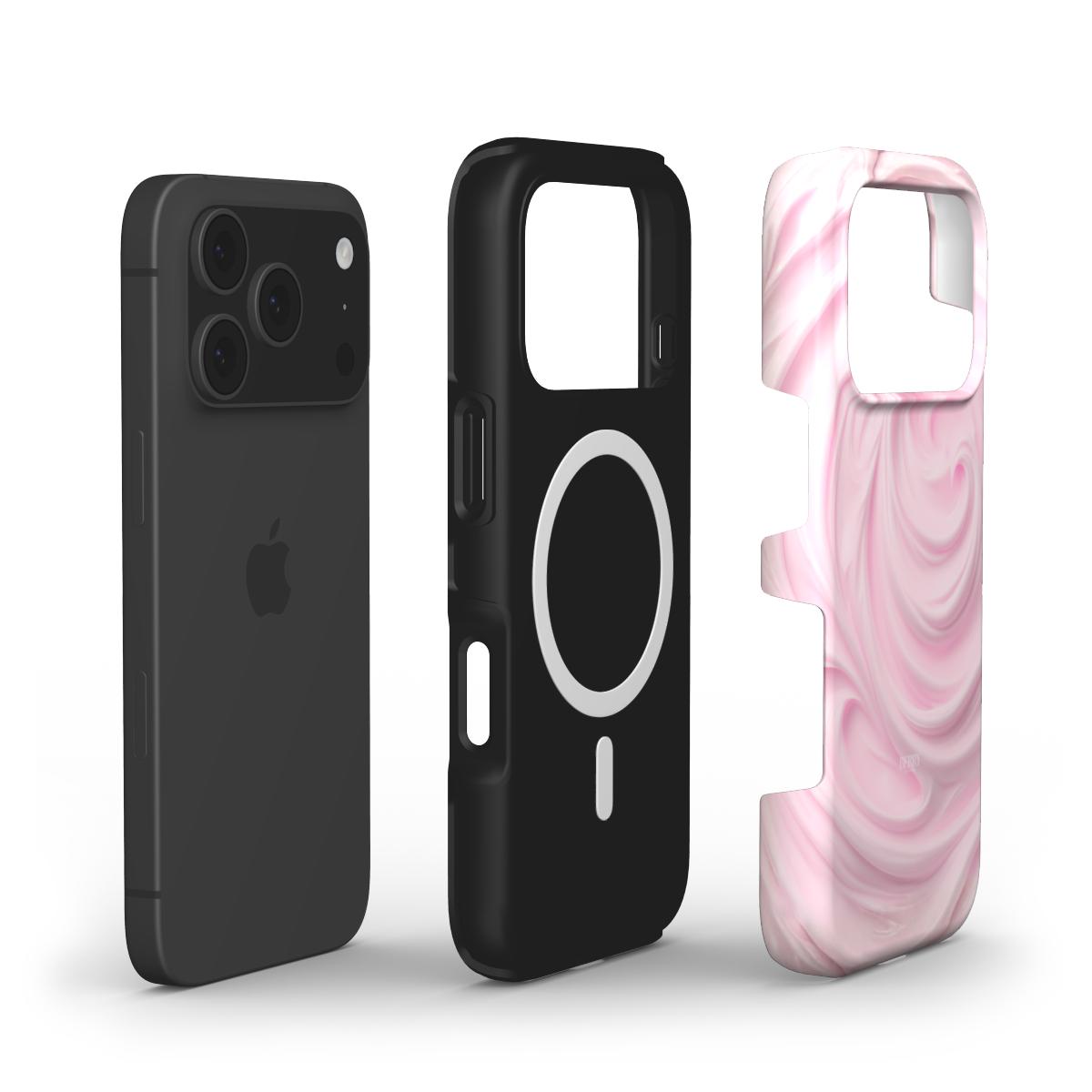 Trendy phone case with a pink, flerfarvet swirl pattern designed for a feminine and aesthetic look, complementing a sleek black smartphone.