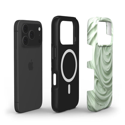 Phone case with a sleek black base and a trendy creamy green multi-colored pattern, designed for a stylish and feminine look.