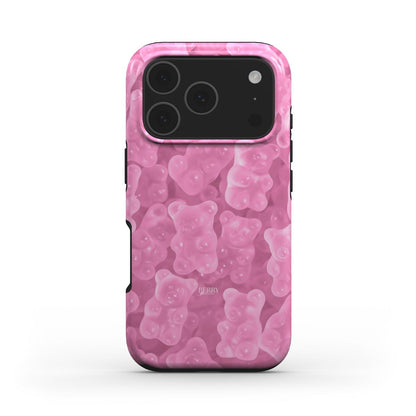 Phone case with trendy pink gummy bear pattern featuring a colorful, feminine, and popular design perfect for a stylish, girly aesthetic.